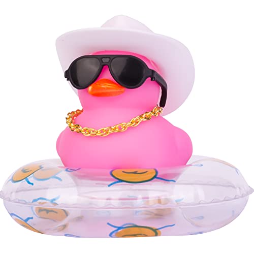 MuMyer Pink Car Rubber Duck, Cute Duck Car Ornaments Duck Car Dashboard Decorations for Car Dashboard Decoration Accessories with Mini Hat Swim Ring Necklace Sunglasses