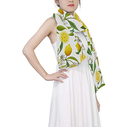 Yellow Lemon Fruits With Green Leaves White Flowers Women Long Silk Scarf, Shawl Chiffon Large Stole Headscarf, Lightweight Sunscreen Satin Scarves Wraps for Wedding Party Gift3