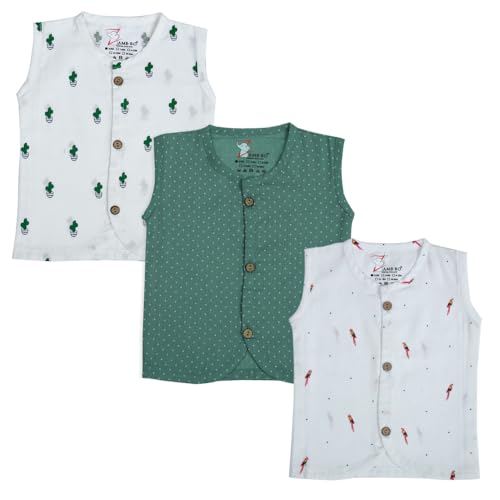 Image of 100% Cotton Printed Front Open Jabla | Green,White Jhabla | for Newborn & Infants | All Season wear Jabala Baby Products | Sleeveless Regular Fit Vest | Assorted Pack of 3| Size - 0-3 Months