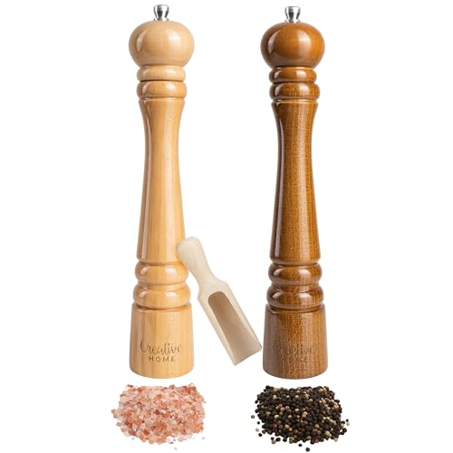 Creative Home Duo Moulin a Poivre et Sel Manuel en Bois | Inclus Mini Cuillère | Hauteur 31,5 cm | Salière et Poivrière Cuisine | Hêtre Naturel