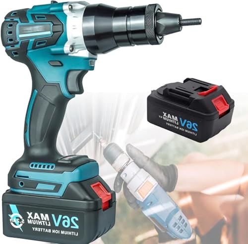 Juego de remachadora eléctrica inalámbrica, pistola remachadora automática portátil con batería de 26 V, 5200 mAh, para tuercas M3, M4, M5, M6, M8, M10, M12, para tuercas de remache de aluminio