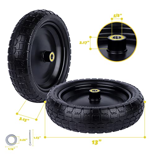 2 Pack 13” Flat Free Wheelbarrow Tires for Gorilla Carts - (5/8" Bearings,Offset Hub 2.1")-Suitable for Lawn & Garden Carts, Hand Trucks, Generators & Easy Installation with Cotter Pins