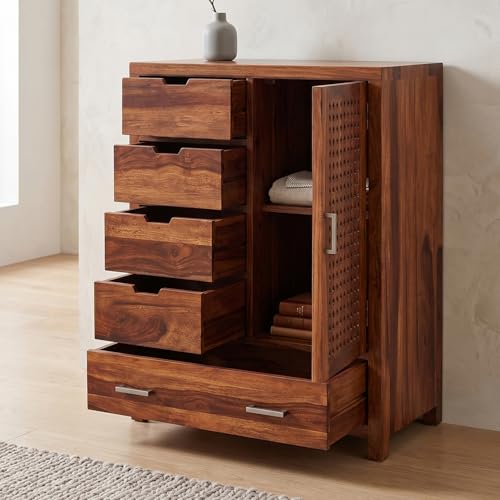 Image of Amazon Brand - Solimo Solid Sheesham Wood Truva Sideboard Cabinet with 5 Drawers & 1-Door Storage | Storage Cabinet for Living Room, Kitchen & Bedroom Organizer Chest of Drawers (Honey Finish)