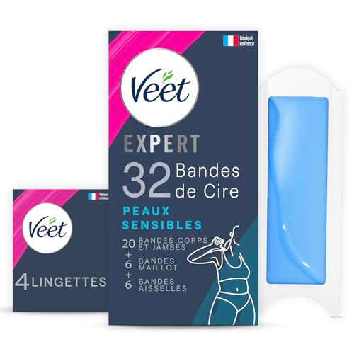 Veet EXPERT - 32 Bandes De Cire Froide Coffret Jambes, Maillot & Aisselles - Peaux Sensibles - Finition Parfaite - Epilation Longue Durée