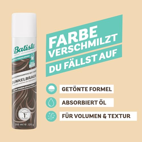 Batiste Trockenshampoo für dunkles Haar 200 ml, Dry Shampoo zum Auffrischen und Stylen, Haarpflege Spray mit einem Hauch von Farbe, Ohne Rückstände, Ohne Ausspülen, Haarstyling mit Farbeffekt