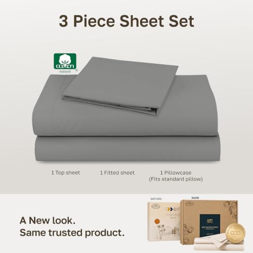 Image of Soft Natural 100% Cotton Sateen Twin Bed Sheets, 3 Pc Set, Misty Grey
