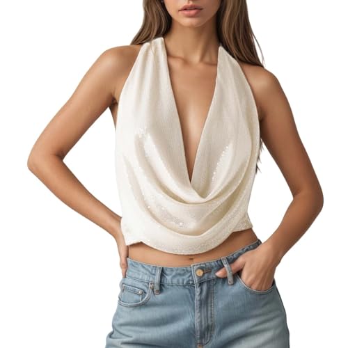 Débardeur femme paillettes haut sexy sans manches dos nu bretelles croisées