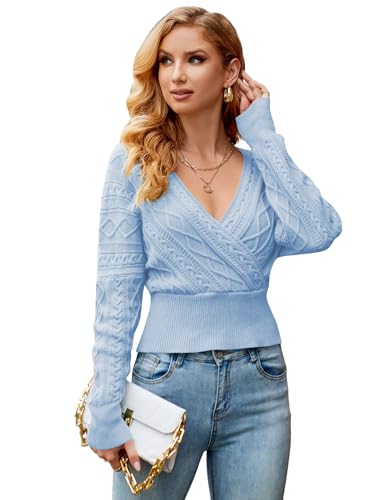 ZAFUL Women's V Neck Cable Knit Sweater Long Sleeve Ribbed Crop Tops Wrap Surplice Solid Casual Pullover Jumper