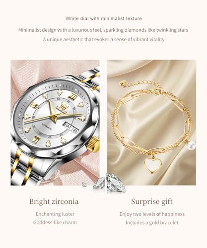 Image of OLEVS Women Watches Automatic Mechanical Set Casual Diamond Dress Ladies Self Winding Two Tone Wrist Watch Date