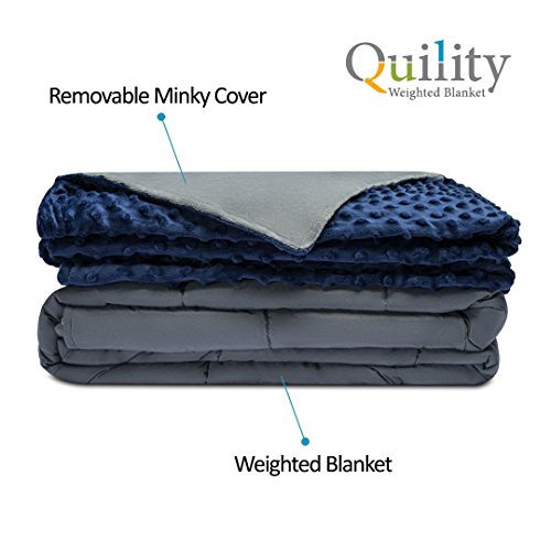 Quility Premium Adult Weighted Blanket & Removable Cover - 15 lbs - 48"x78" - for Individual Between 90-150 lbs - Twin Size Bed - Premium Glass Beads - Cotton/Minky - Grey/Navy Blue Color