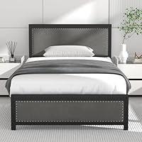 VECELO Single Size Bed Frame with Linen Fabric Headboard and Footboard, Heavy-Duty Platform with Strong Steel Slats, No Box Spring Needed, Easy Assembly, Grey