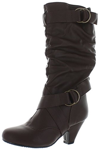 Link Little Girl's Pauline-38 Kitten Heel Boots With Decorative Buckles,Brown Pu,3