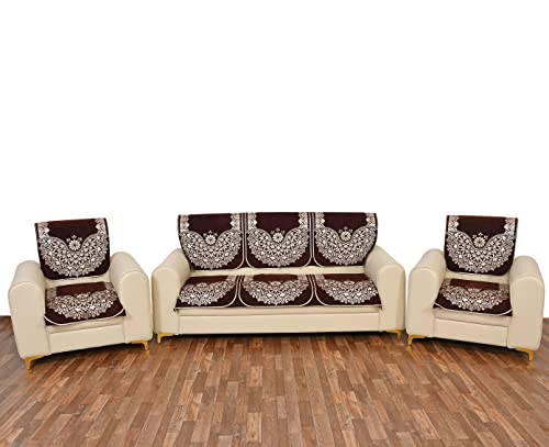 Image of Sky Blue 5 Seater Sofa Cover (3+1+1) with Complete Cover Set - Soft Stretch Fabric, Couch Protector Heavy Fabric Sofa Slip Protector (Coffee Brown)