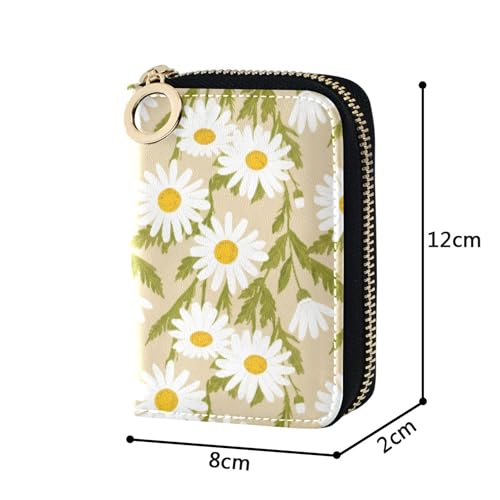 Leather Women's Wallet Cute Card Holder RFID Blocking Small Zipper Coin Purse with Key Ring Cute Daisies Beige Leaves Green3