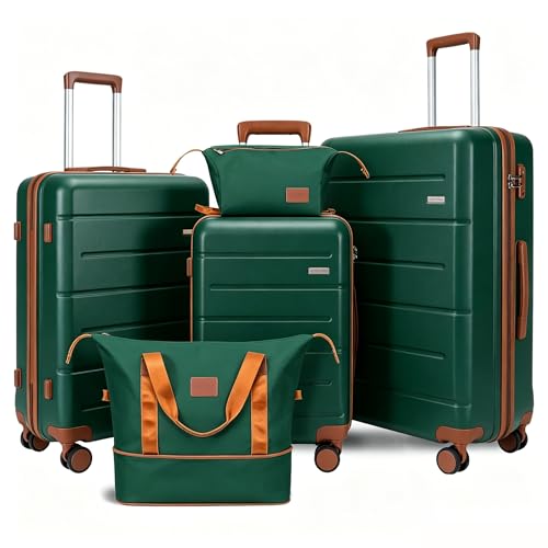 Image of 5 Piece Luggage Sets, Suitcases with Wheels ABS Hardshell Carry-On for Family and Business Travel | TSA Lock, 360 Silent Spinner Wheels(20 /24 /28 /DB /TB Green)