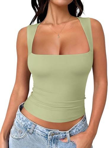 REORIA Women's Sexy Going Out Crop Tops Square Neck Double Lined 2026 Fashion Cute Basic Trendy Tank Tops Summer Y2k Teen Girls St Patricks Day Outfits Light Green Medium