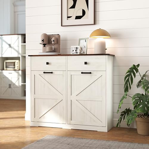 YHAOWORKS Farmhouse Double Tilt Out Trash Cabinet for 20 Gallon Trash Cans, Free Standing Recycling...