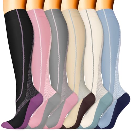 Image of Sooverki Compression Socks for Women & Men 6 Pairs is Best Supportive Knee High Stockings for Circulation, Travel, Nurses