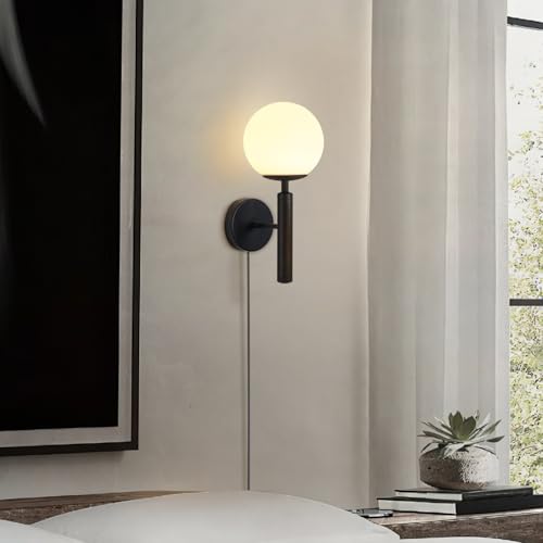 Image of KCO Lighting Plug in Wall Sconce Light Black Vintage Industrial Wall Light White Glass Shade Bedside Wall Lamp for Bedroom Stairs Hallway(Black Plug in)