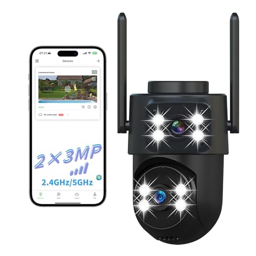 dzcctvipc Dual-Lens Smart-Indoor Outdoor-Camera, 2K-3MP HD - 5G WiFi, 360° AI Motion Tracking IP65 Weatherproof, Color Night Vision, 24/7 Recording, 2-Way Audio, Nanny/Pet/Baby Cam(Black)