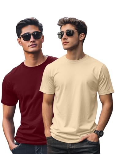 Image of Veirdo Regular Fit Half Sleeves Round Neck Solid Pure Cotton T-Shirt Combo for Men (Pack of 2, Available in S,M,L,XL & 2XL)