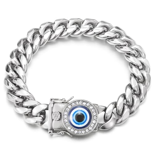 COOLSTEELANDBEYOND Men's Steel Cuban Link Bracelet with CZ Blue Evil Eye, Large Curb Chain Box Clasp, Biker