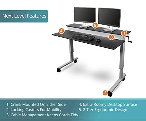 S Stand Up Desk Store Crank Adjustable 2-Tier Standing Desk With Heavy Duty Steel Frame (Silver Frame/Black Top, 48 Inch Wide #TOP5