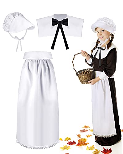 Tarpop 3 Pcs Pilgrim Costume Kit for Girls Kids Halloween Pilgrim Costume Dress Vintage Colonial Apron Bonnet Cape Collar Set Christmas Cosplay Party Outfit, White