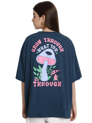 Image of Fabflee Oversized Cotton Baggy Drop Shoulder Graphic Tee with Half Sleeves | Korean Casual Loose T-Shirt for Women