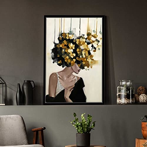 Image of PAINTINGMANTRA Mid Night Gold Girl With Flower Bouquet Black Framed Canvas Print for Wall, Home and Living Room Decoration (Size - 23 x 17 Inchs)