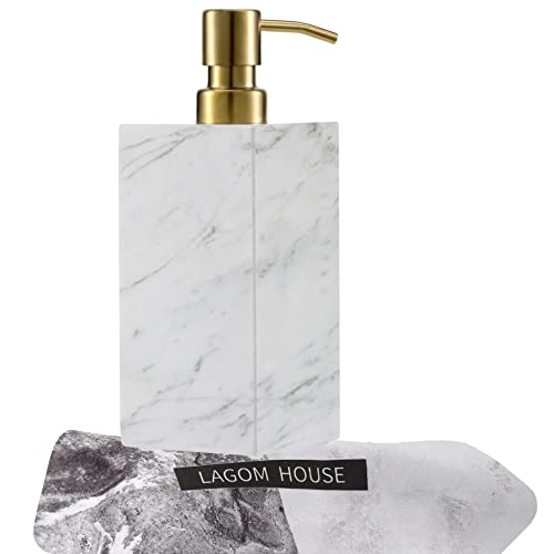 LAGOM HOUSE Marble Soap Dispenser White Italian Natural Stone Marble Liquid Hand Soap Dispenser Decorative Bottle for Kitchen Bathroom Countertop Gold Stainless Steel Lotion Pump Dispenser