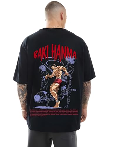 Image of Ran Eleven Baki Hanma Oversized T-Shirt for Men | inchBaki Hanma inch Front Silhouette & Full Character Graphic Back | 100% Cotton | Anime Streetwear & Casual Wear