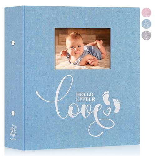 Image of Lanpn Baby Photo Album 4x6 600 Pockets, Linen cover Newborn Bebe Memory Book Photobook Holds 600 Horizontal and Vertical Pictures, Picture Album with Front Window Gift for Boy Girl Baby Shower Blue