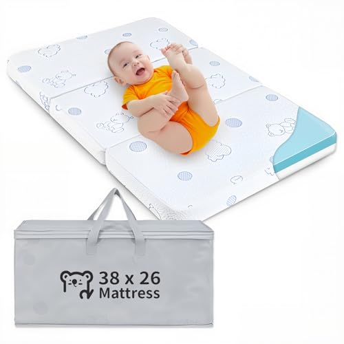 HREVAI 3" Tri-Fold Pack and Play Mattress, Dual Sided Firmness for Infant Safety & Toddler Comfort, 38x26 Portable Travel Mattress with Storage Bag, Washable Cover, CertiPUR-US Certified