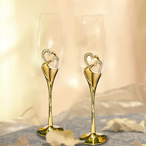 Sziqiqi Una Pareja 2 Piezas De Copas Creativas De Altao Grado Copas Copas De Cristal De Esmalte con Diamente En Forma De Corazón para Loa Amantes, Oro