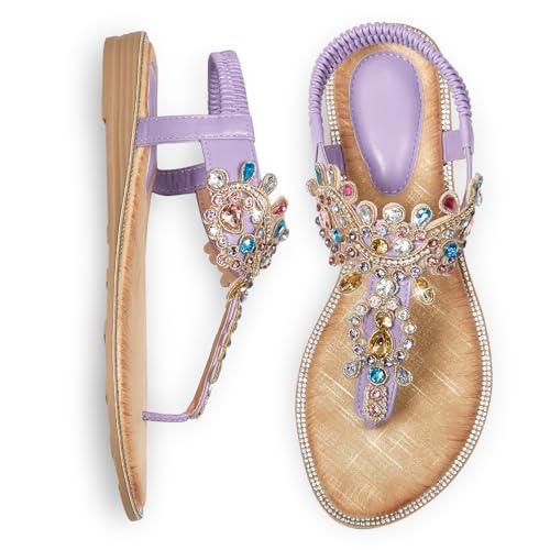 Image of iCKER Women Flat Thong Sandals Rhinestone Sparkly Boho Elastic Ankle Strap | Non‑slip,Matches Summer Dresses,for Vacation,Wedding,Evening and Festival