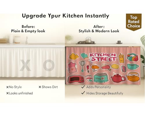 Image of Under Sink & Counter Curtain for Modular Kitchen - Printed Fabric Rod Pocket Hanging Skirt, Washable Under-Counter Cover, Pack of 2 Panels (Each Panel: 150 x 70 cm) (Kitchen Street)