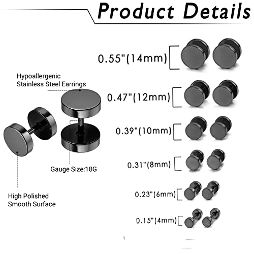Aroncent 6 Pairs 4-14mm Black Earrings for Men Women Fake Gauges Fake Earrings Stainless Steel Earrings Set3