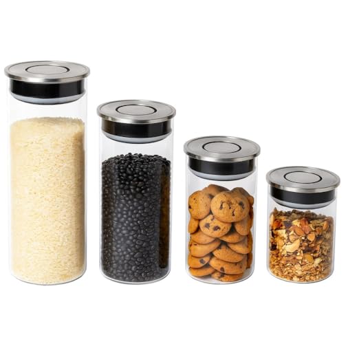 Kit 4 Potes de Vidro para Mantimentos com Tampa Inox e botão de Vácuo Yikasa
