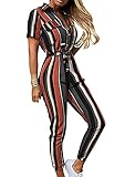 YMING Ladies Solid Color One Piece Outfits Fall Loose Fit Tracksuit Short Sleeve Sportswear Stripe XL