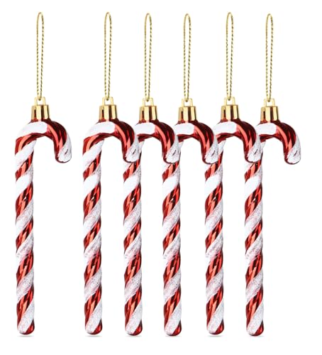 6X Zuckerstangen - Glitzernder Baumschmuck rot/Weiss für Weihnachten & Weihnachtsbaum - Baumschmuck Deko