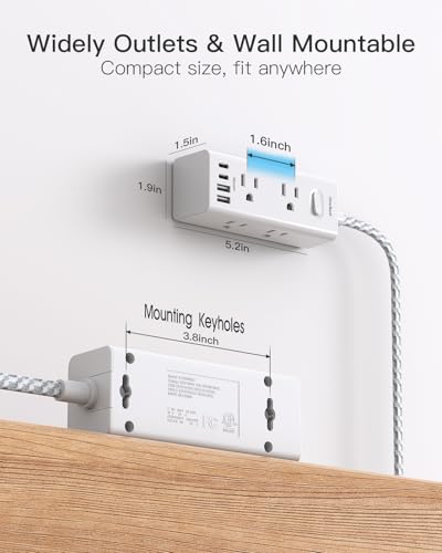 Image of Flat Plug Extension Cord 15Ft, One Beat Surge Protector Power Strip 15 Ft Cord with 6 Widely Outlets 4 USB Ports (2 USB C), 3 Way Wall Outlet Extender Extension Cord for Home Office College Dorm Room
