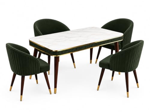 Image of WOODEN SPACE Majestic 4 Seater Wooden Dining Table Set | Urban Marble Top Dining Table with Chairs for Dining Room & Kitchen (Dark Green Majestic Backline)