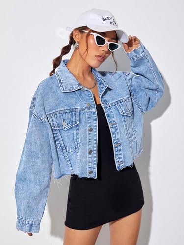 MakeMeChic Women's Casual Long Sleeve Raw Hem Jean Jacket Button Down Crop Denim Jacket3