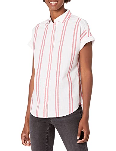 Goodthreads Women's Washed Cotton Short-Sleeve Shirt, Red White Stripe, Large