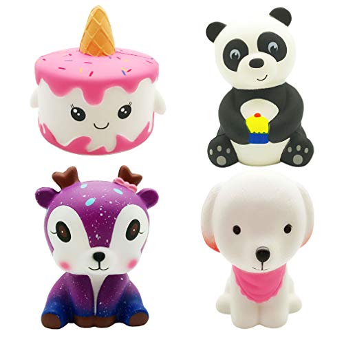 Ouflow 4Pcs Squishies Slow Rising Toy Pack Unicorn Cake,Pink Dog,Panda,Star Deer Jumbo Soft Cream Scented Cute Squishy for Kids Party Favors