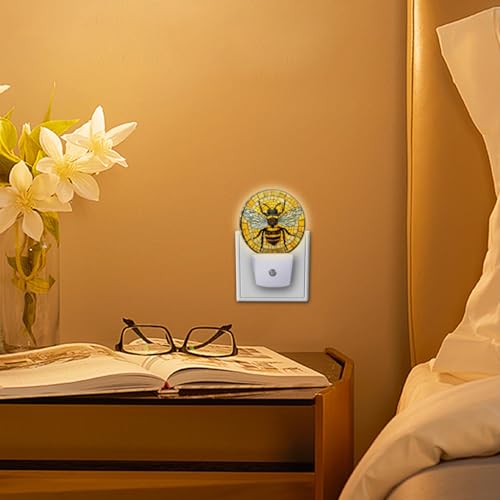Image of Round LED Night Lights Lamp with Dusk to Dawn Sensor, 3D Circular Stained Glass with Bumblebee Night Light Plug Into Wall for Kids Room, Bedroom, Bathroom, Kitchen, Hallway