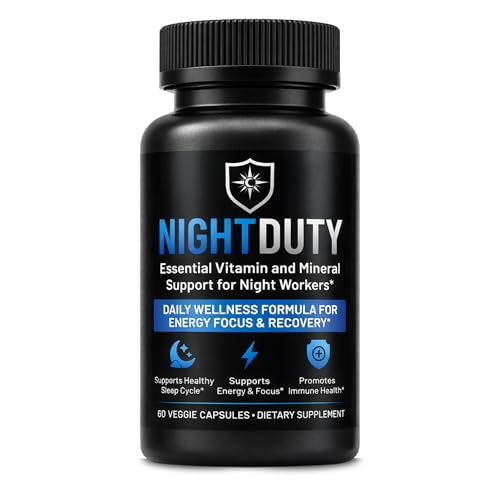 NIGHTDUTY Night Shift Essentials Multivitamin for Night Workers, Nurses & First Responders - Energy, Focus & Sleep Support, D3, B-Complex, Magnesium & Zinc, Caffeine-Free, Melatonin-Free, 60 Capsules