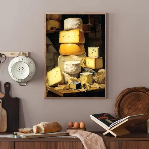 Décoration murale cuisine vintage toile pain fromage citron encadrée