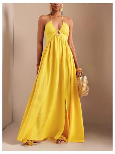 SOLY HUX Women's Summer Halter Maxi Dress Sleeveless V Neck Split A Line Flowy Long Dresses Vacation Sundress4